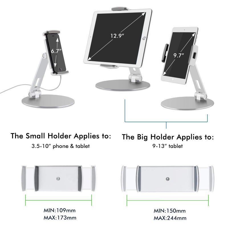 Viozon Tablet Stand and Holders with Adjustable Range and Height Aluminum Stand Compatible with iPad/iPad pro/ipad Mini/Cellphone/Kindle Desk Holder fits 3.5-13inches, 360Â° Swivel Adjustable Base - Image 4